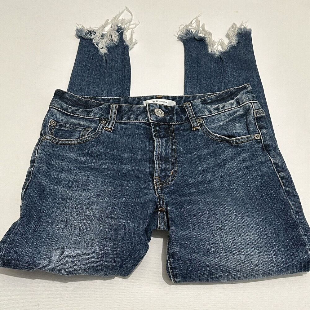 Moussy Womens Size 26 Distressed Mid Rise Cropped Raw Hem Jeans Pants Blue Denim - Picture 2 of 12